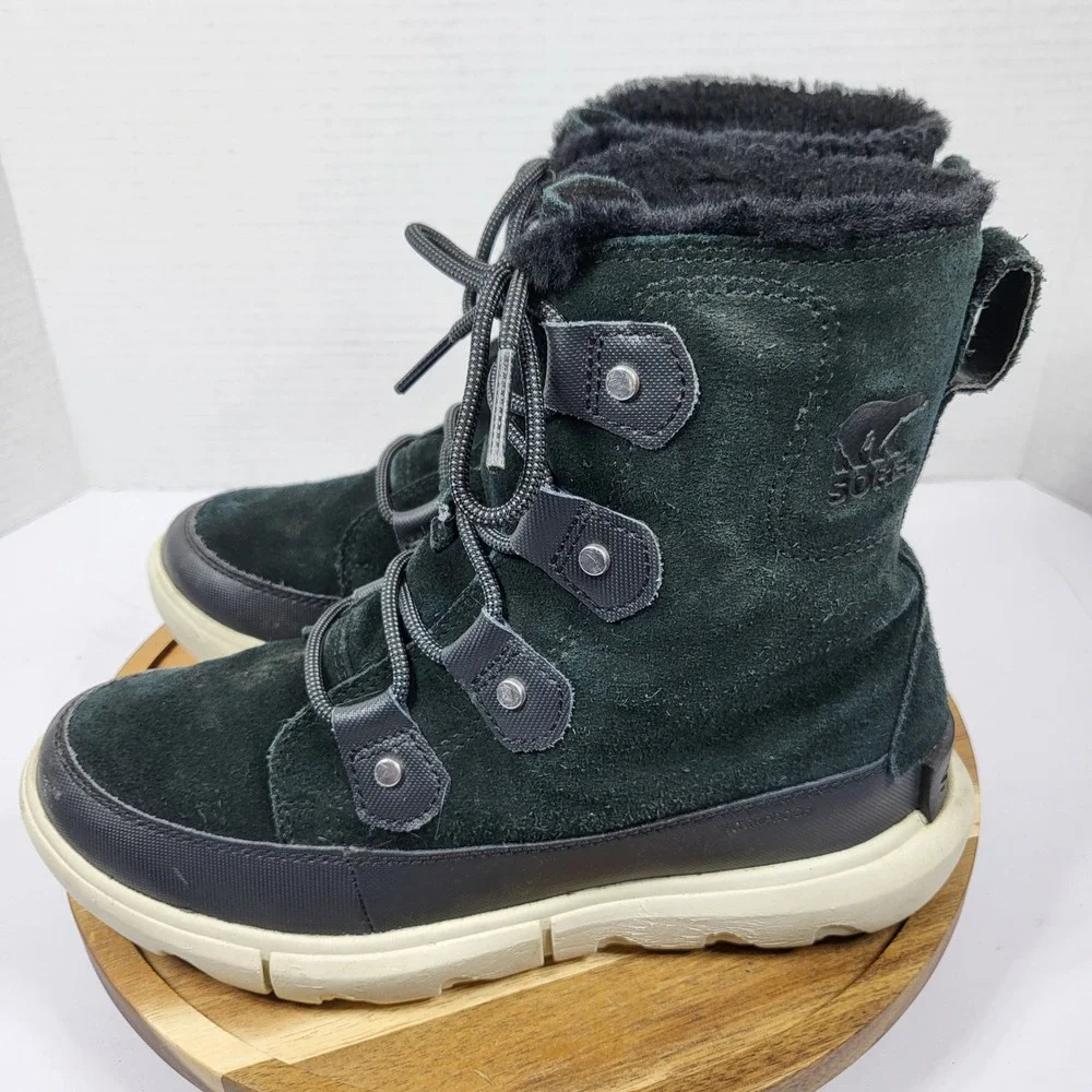 Sorel‎ Explorer II Joan Black Waterproof Suede Winter Boots NL4462-010 Womens 7